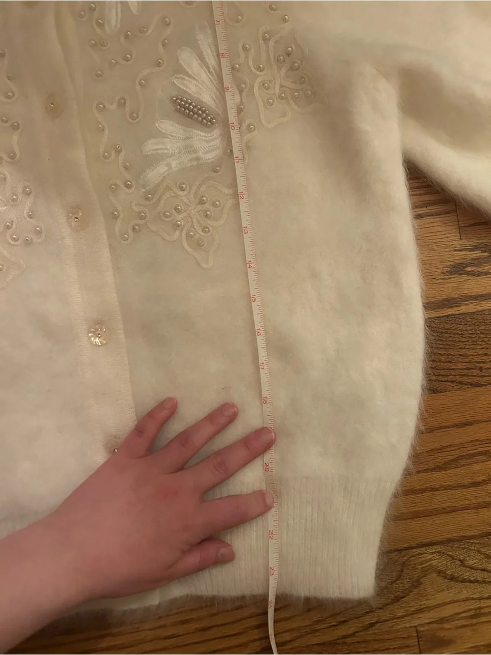 Women’s Soft Cream Beaded Angora Blend Retro Inspired Grandmacore Cardigan